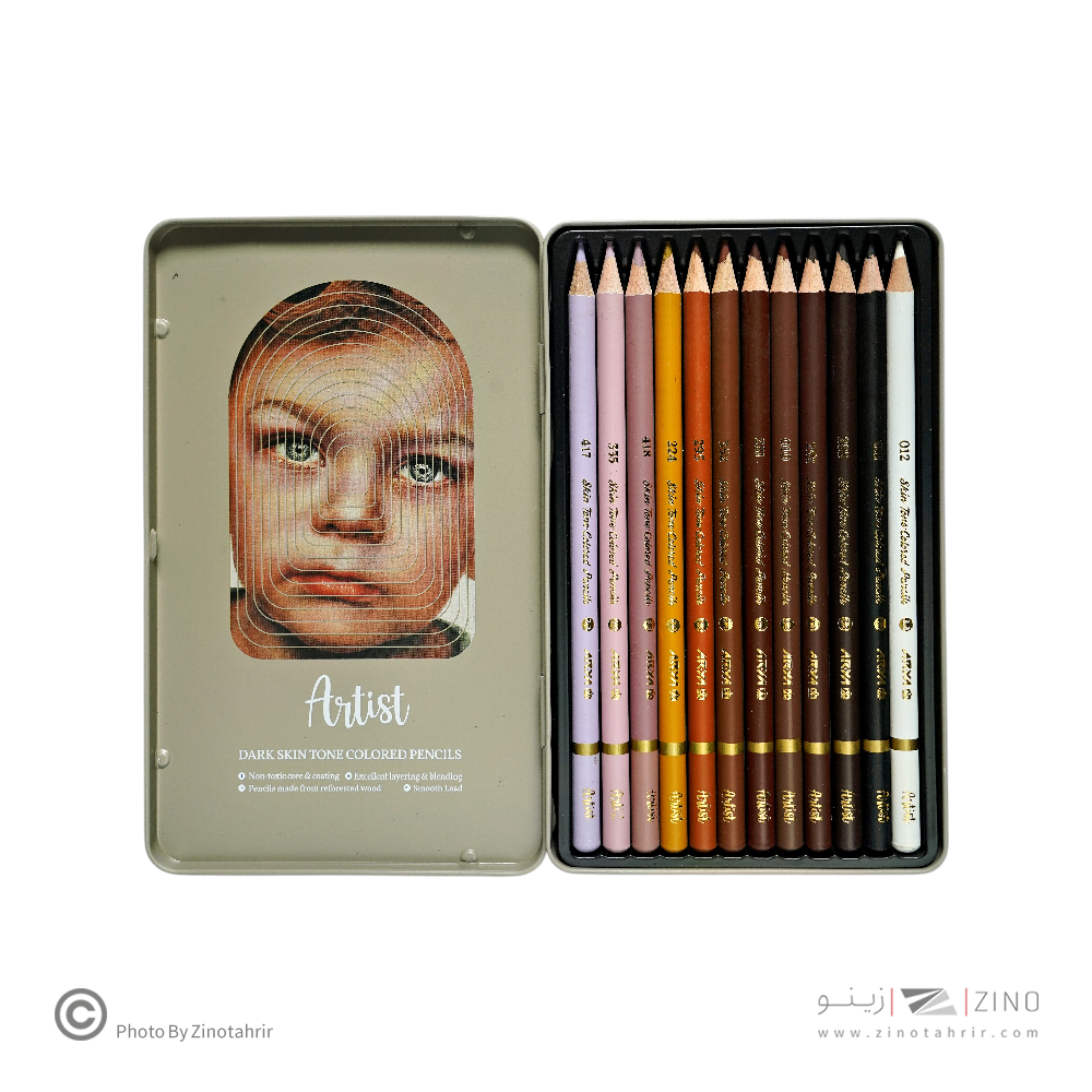 مداد رنگی12رنگ جعبه فلزی حرفه ای /آرتیست(رنگ پوست تیره ) آریا کد  3909   