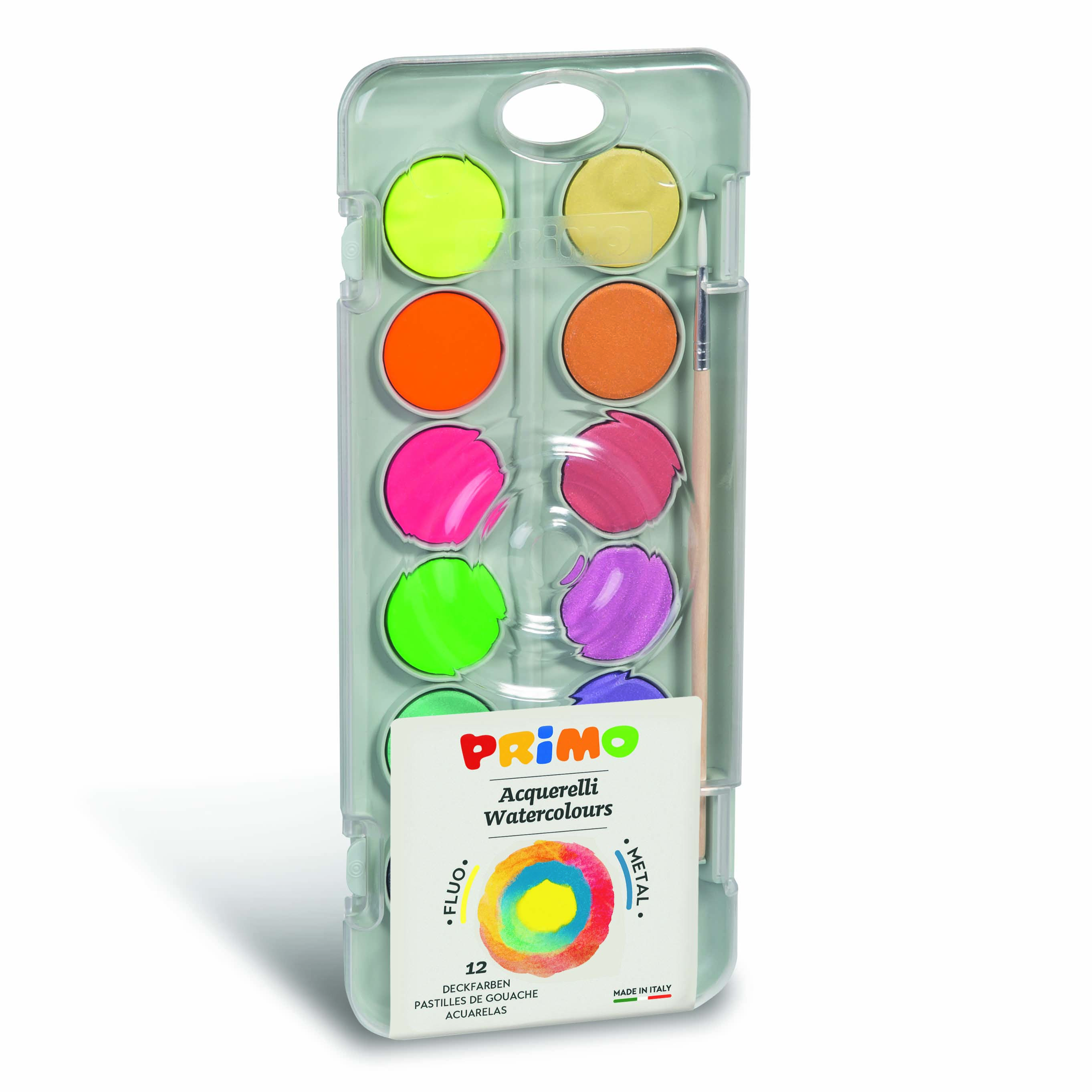 آبرنگ12رنگ(قرص30میلیمتر)جعبه پلاستیک8رنگ متالیک+4رنگ فلو پریمو کد115A12FM