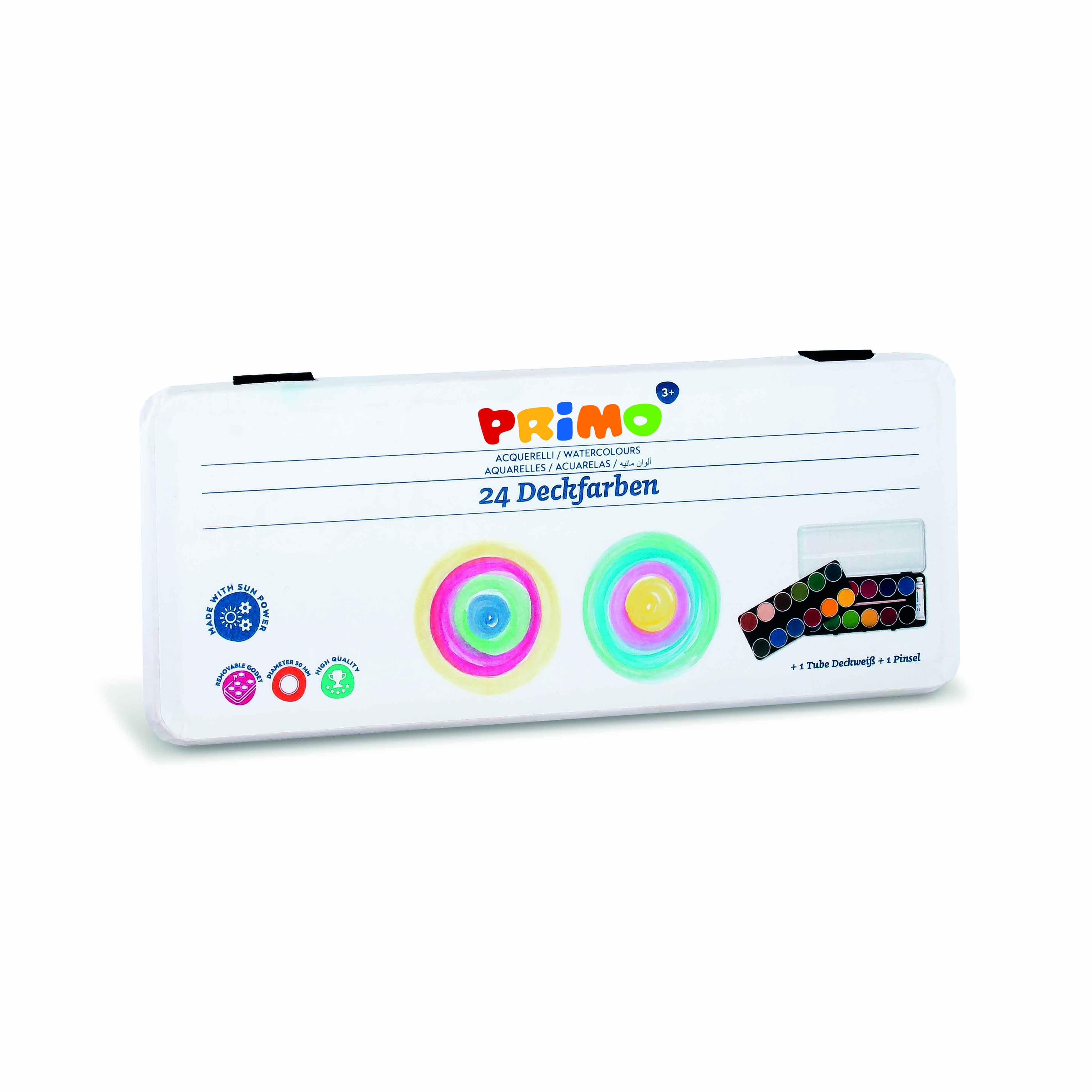 آبرنگ24رنگ (قرص 30میلیمتر)جعبه فلزی+یک عدد تیوب سفید+قلموپریمو کد134A24MGM
