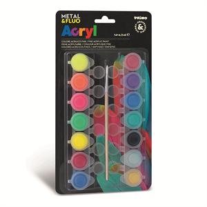 رنگ اکریلیک بلیستر14رنگ4/5میل +قلمو+رنگ متالیک و فلورسنت پریمو کد1612T14FM